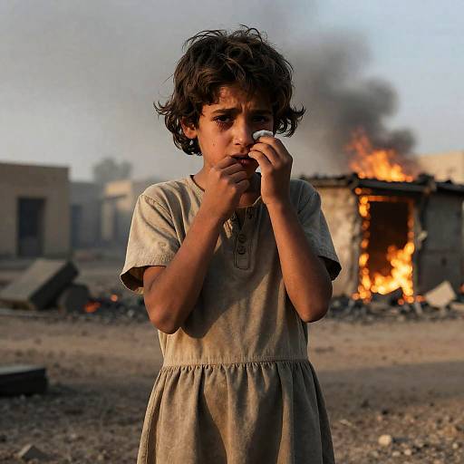 Photograph of a young girl with curly brown hair, wearing a beige dress, covering her mouth in a war-torn village with a burning building and