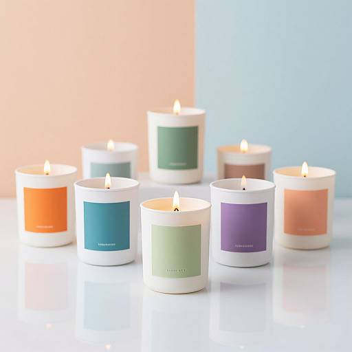 Photograph of eight lit, cylindrical candles with white bases and colorful rectangular labels in orange, teal, purple, green, and pink, against a soft
