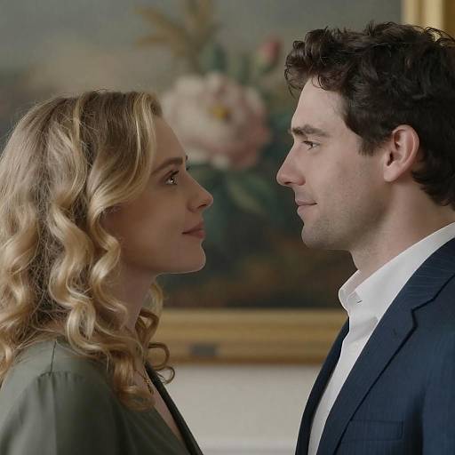 Photograph of a blonde woman with curly hair in a green blouse and a dark-haired man in a black suit, facing each other intently in a