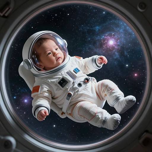 Photograph of an adorable baby in a white astronaut suit with an American flag patch, floating inside a space station window, gazing at a starry