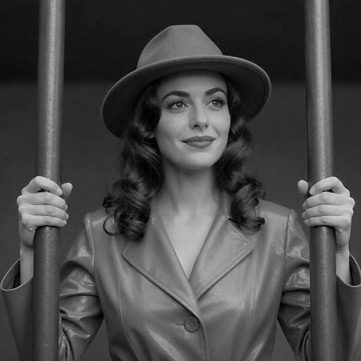 Black and white portrait of woman with hat and glossy coat