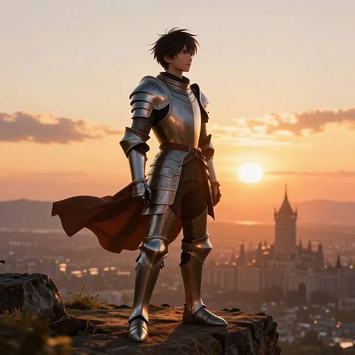 Silhouetted anime knight in shiny armor with flowing cape stands on rocky cliff at sunset, overlooking distant castle city. Digital art.