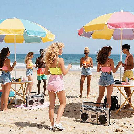 Photograph of six beachgoers in colorful summer outfits, under yellow-blue umbrellas, dancing and chatting by the ocean, with boomboxes on the