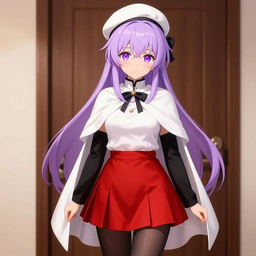Anime-style digital drawing of a purple-haired girl with violet eyes, wearing a white beret, black and white top, red skirt, and black t