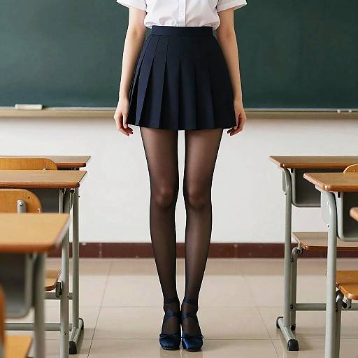 Photograph of a woman in a white blouse, black pleated skirt, black pantyhose, and navy blue Mary Jane shoes standing in a classroom