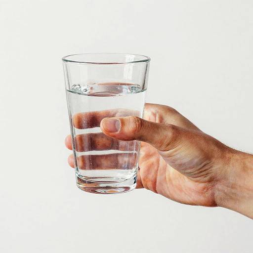 Photograph of a hand holding a clear, empty glass with water, against a white background. The hand is slightly tanned and visible from the wrist