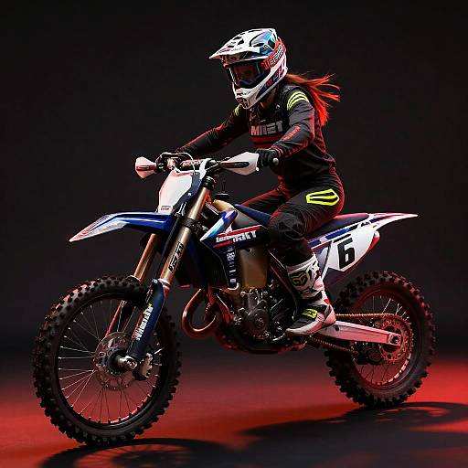 Photograph of a motocross rider in black gear and white helmet, number 5, riding a blue and white bike, against a dark red