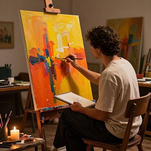 Photograph of a male artist with curly dark hair, wearing a beige shirt, painting a vibrant, abstract yellow and orange canvas in a warmly lit studio