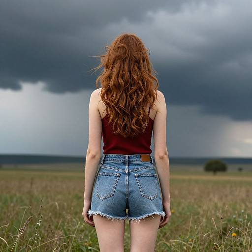 Photograph of a red-haired woman with wavy hair, wearing a maroon tank top and frayed denim shorts, standing in a grassy field