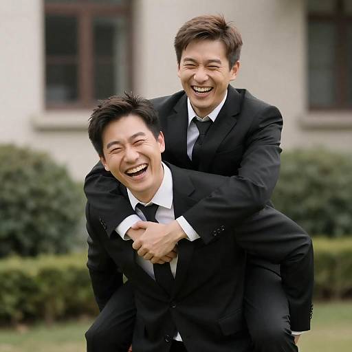 Laughing Men in Black Suits Outdoors