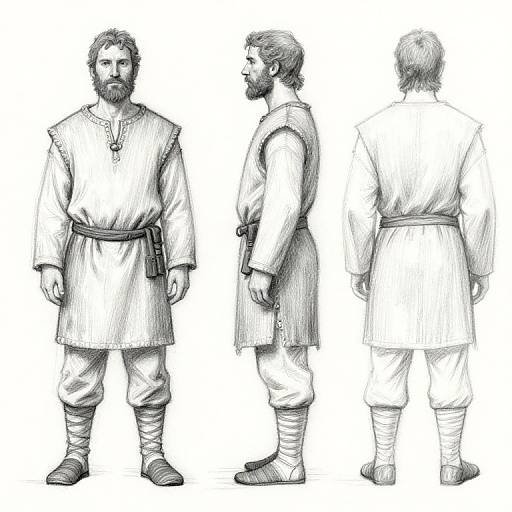 Black-and-white pencil sketch of a bearded man in a long, belted tunic, baggy pants, and wrapped boots, shown front,