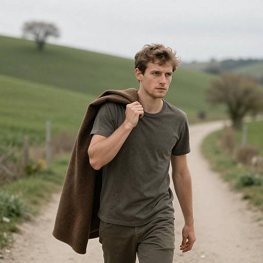 Determined Man in Countryside Landscape
