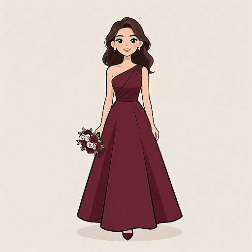 Digital illustration of a smiling woman with wavy brown hair, wearing a dark maroon, one-shoulder, floor-length gown, holding a bouquet