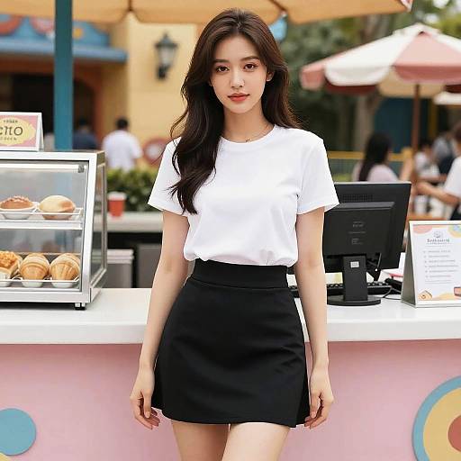 Photograph of an Asian woman with long black hair, wearing a white t-shirt and black skirt, standing in front of a pastel-colored café counter
