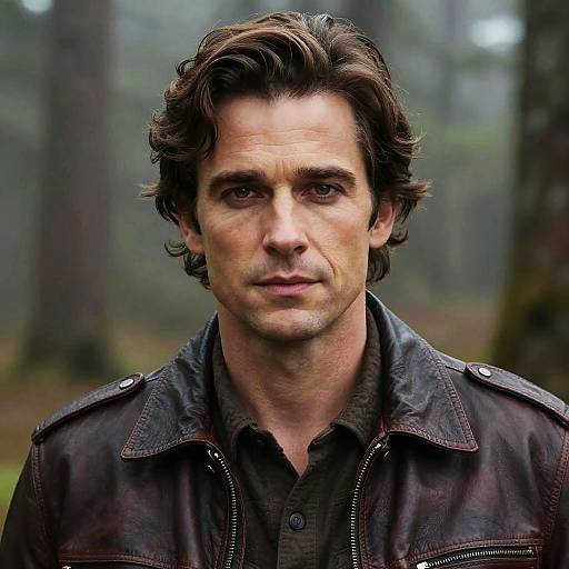 Photograph of a middle-aged man with wavy brown hair, wearing a black leather jacket over a dark shirt, standing in a misty forest.