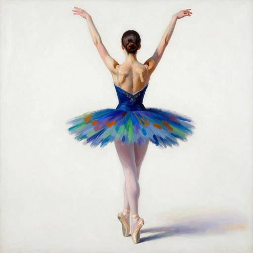 Photograph of a ballet dancer with her back to the camera, wearing a blue tutu with peacock feather patterns, arms raised, and pointe