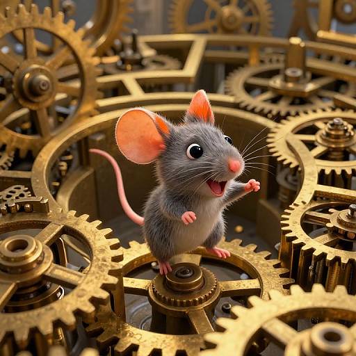 Photorealistic CGI of a cute, gray, cartoon-style mouse with large pink ears and whiskers, standing on a golden gear, surrounded by intricate