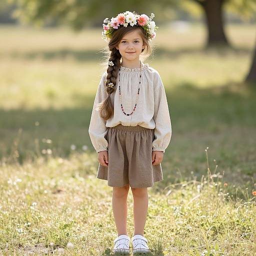 Young Girl in Floral Meadow Attire