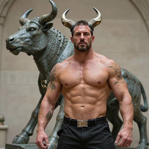 Muscular Horned Man by Minotaur Statue