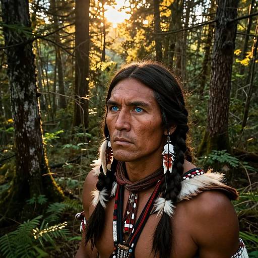 Photograph of a Native American man with long black braids, blue eyes, and tribal attire, standing in a sunlit forest.