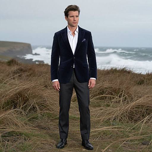 Photograph of a handsome, light-skinned man with short brown hair, wearing a black blazer, white shirt, and black trousers, standing on