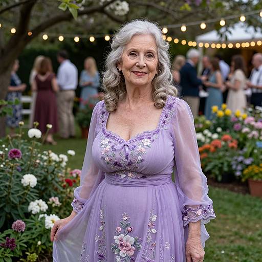 Photograph of an elderly woman with curly gray hair, wearing a lavender floral dress, smiling in a garden with string lights and flowers in the background.