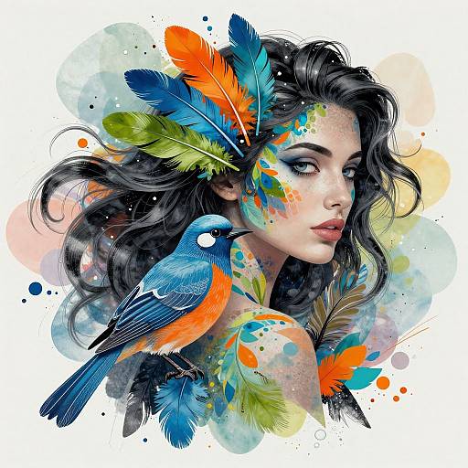 Digital painting of a pale-skinned woman with long black hair, adorned with vibrant feathers and a blue bird, splattered with colorful paint.