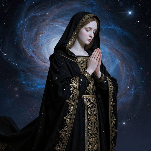 Photograph-style digital artwork of a pale-skinned, serene woman in a black, gold-embroidered cloak, praying with hands together, set