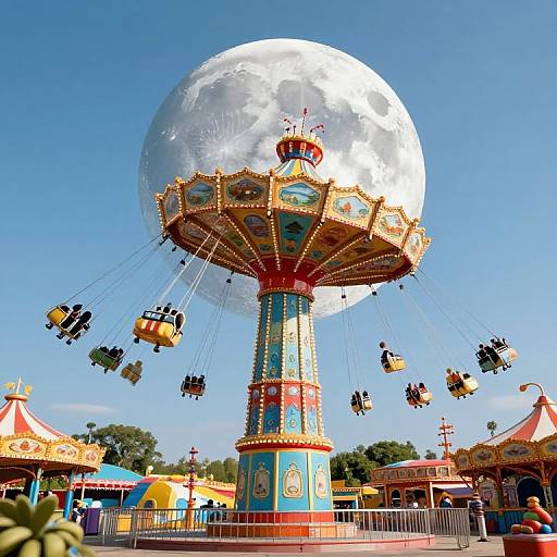 Photograph of a colorful, ornate Ferris wheel with suspended yellow and red gondolas against a clear blue sky and large, bright full moon