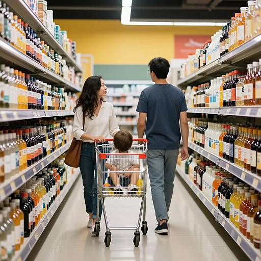 Photograph of a woman with long brown hair in a white blouse and brown purse, pushing a cart with a young boy, and a man in a