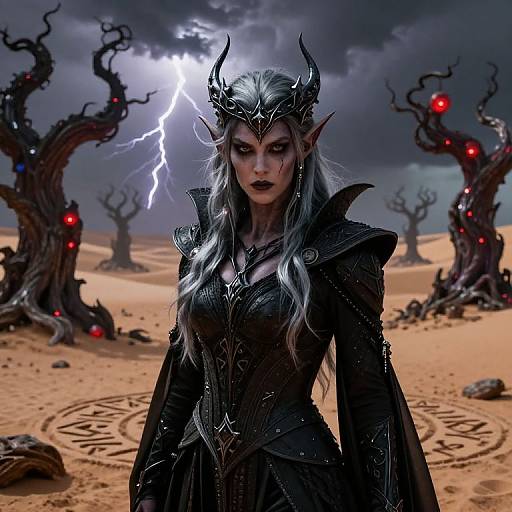 Digital fantasy artwork: Dark elf sorceress with silver hair, black armor, and horns stands in a stormy desert with lightning, twisted trees,