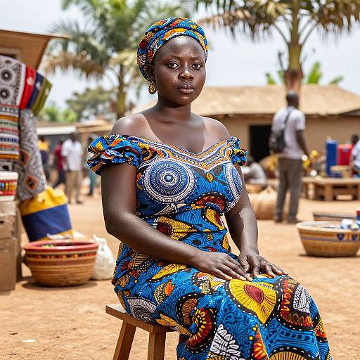 Photograph of a dark-skinned African woman in a vibrant blue and yellow patterned off-shoulder dress, seated outdoors on a stool, with