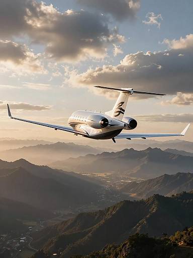 Sleek Business Jet Above Misty Mountains