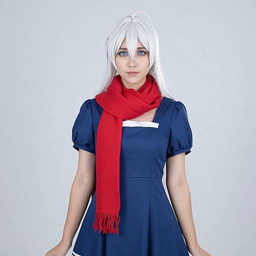 Photograph-style digital artwork of a pale-skinned woman with long white hair, blue eyes, wearing a navy dress and red scarf.