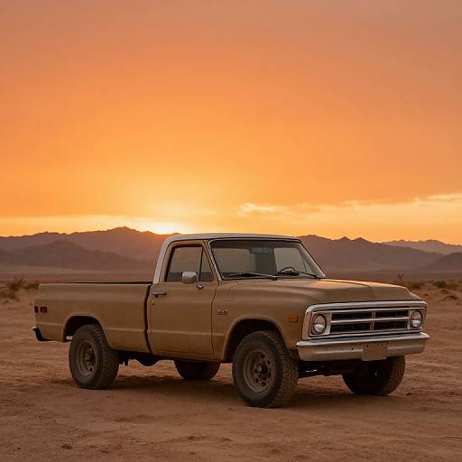 Photograph of a vintage, beige, lifted pickup truck with large tires, parked on a desert dirt road during a vibrant orange sunset. Mountains silhouette in