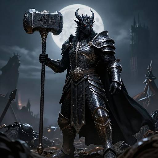 Dark, armored warrior with red eyes, holding a large, ornate hammer, stands before a full moon, surrounded by ruins and a gothic castle