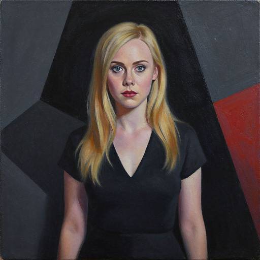 Digital painting of a serious blonde woman with fair skin, blue eyes, and red lipstick, wearing a black V-neck dress, against a dark geometric background