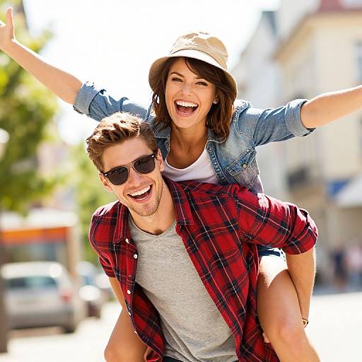 Photograph of a smiling brown-haired couple; man in red plaid shirt, grey tee, sunglasses; woman in denim jacket, white tee, sun