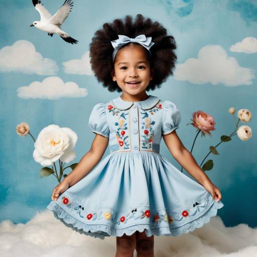 Smiling Girl in Blue Dress with Floral Embroidery