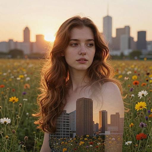 Photograph of a young woman with long, wavy brown hair, standing in a sunlit field of colorful wildflowers, with a superimposed