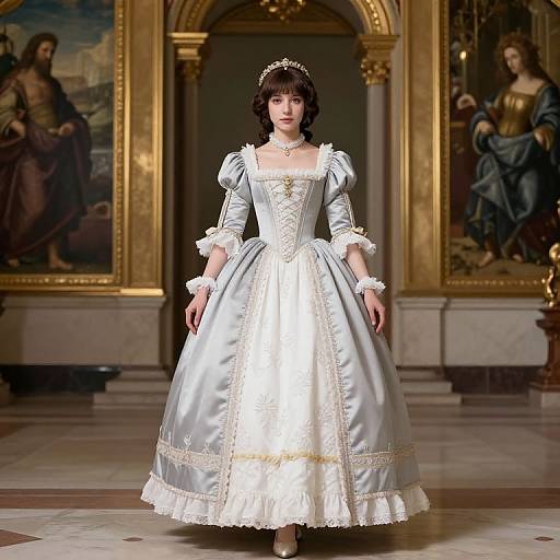 Photograph of a fair-skinned woman with dark hair in an opulent, silver and white, Victorian-style ball gown, walking in an ornate