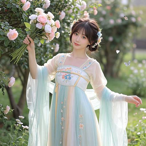 Asian woman with fair skin and dark hair in a blue floral dress holds pink roses in a sunlit garden.