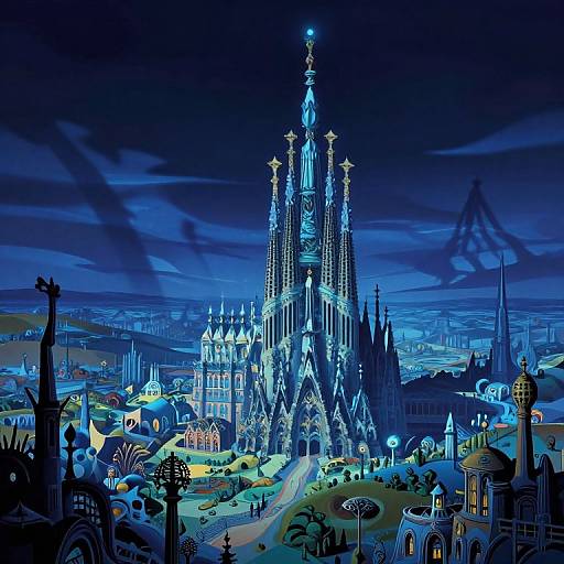 Digital illustration of a glowing blue Gothic-style castle at night, surrounded by illuminated buildings, trees, and a detailed, colorful landscape.