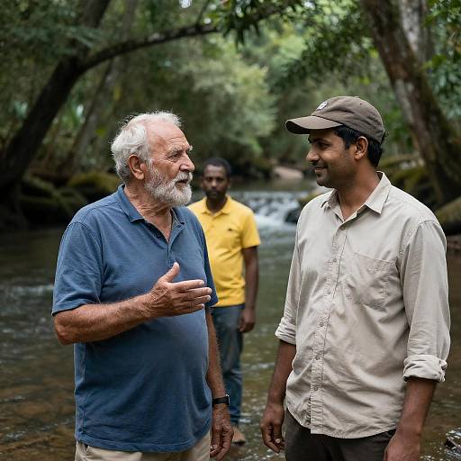 Two Men in a Forested River