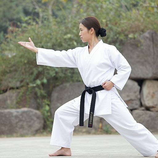 Photograph of a focused Asian woman with dark hair in a bun, wearing a white karate gi with black belt, performing a karate stance outdoors