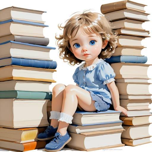 Cute Child Sitting Among Stacks of Books
