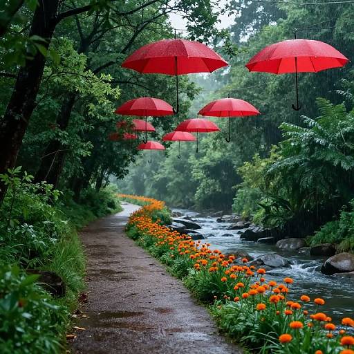 Tranquil Forest Path with Floating Umbrellas