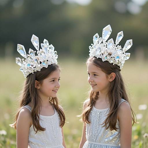Photograph of two young girls with long brown hair, wearing white dresses and sparkling crystal crowns, smiling at each other in a sunlit field.