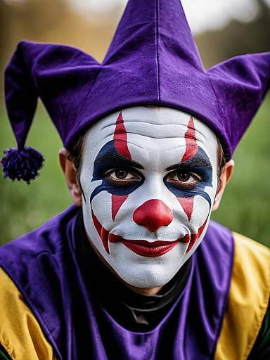 Man in Purple Jester Costume with Clown Face Paint