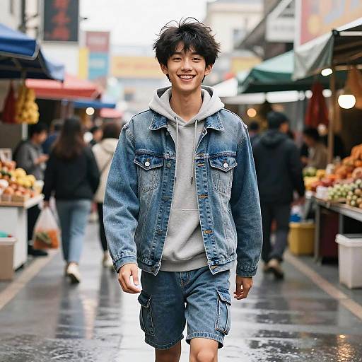 Photograph of a smiling Asian man with messy black hair, wearing a denim jacket, white hoodie, and blue shorts, walking through a wet, bustling